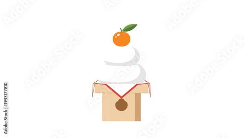 Traditional Japanese kagami mochi decoration with a daidai orange on top for the New Year celebration on a clean and simple white background.