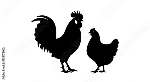 Rooster and Hen Silhouette Profile.