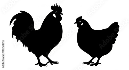 Rooster and Hen Silhouette Profile.