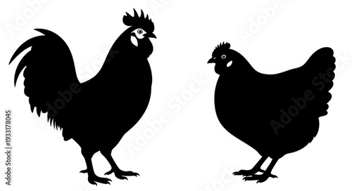 Rooster and Hen Silhouette Profile.