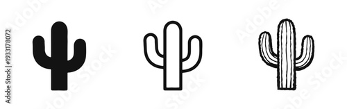 Saguaro cactus plant vector icons set. Collection of silhouette, outline, and hand-drawn desert succulent symbols.
