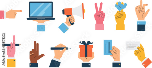 Set of business hands holding objects and making various gestures
