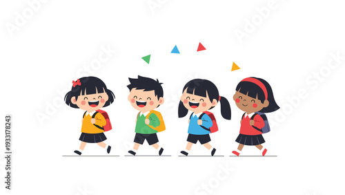 Diverse group of smiling elementary school children walking together with their colorful backpacks against a clean and simple white background.