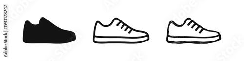 Sneaker shoes vector icons set. Collection of silhouette, outline, and hand-drawn casual footwear symbols.