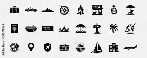 Travel icon set with tourism symbols including passport suitcase camera and transportation vectors