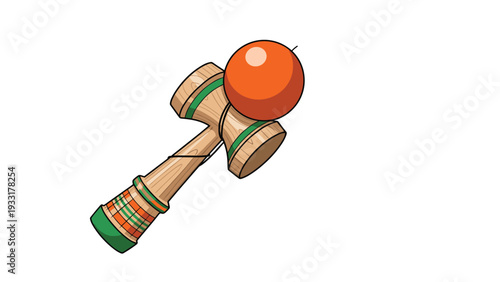 Classic wooden kendama toy with an orange ball resting on the handle against a clean white background, representing traditional Japanese culture.