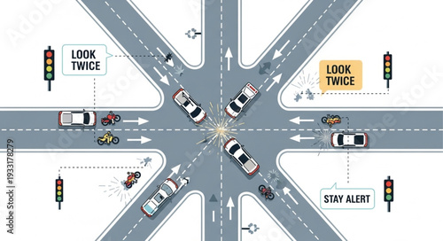 Roundabout Traffic Illustration with Safety Signs.