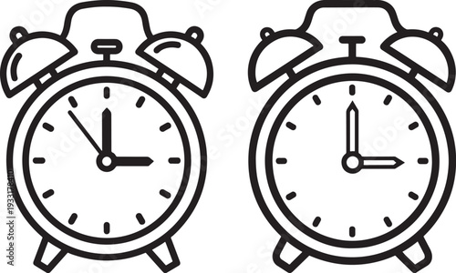 Vintage alarm clock icons, black and white outline, simple design for time management and scheduling concepts.