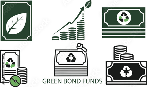 Collection of icons representing green bond funds and financial sustainability concepts