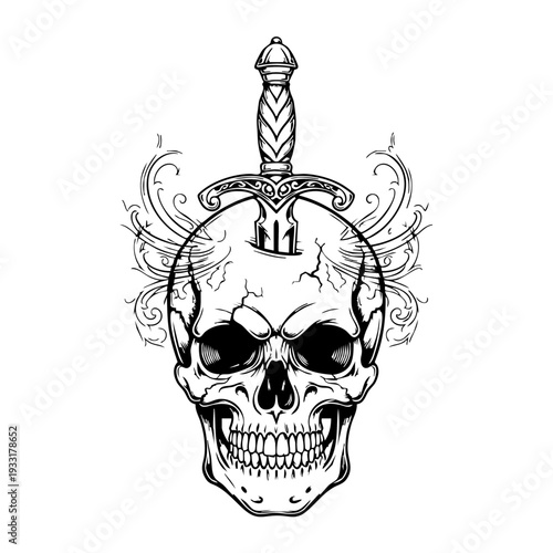 Skull with a sword piercing through the top, ornate design.