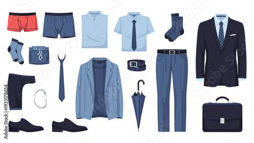 Comprehensive collection of men's business and casual clothing items and professional accessories isolated on a clean white background.
