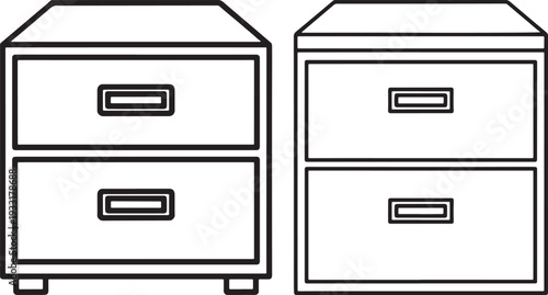 Minimalist Outline Icons of Two Office Filing Cabinets with Drawers, Symbolizing Document Storage and Organization Solutions on White.