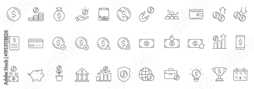 collection of coin, money, and finance icons featuring symbols related to banking, investment, savings, and digital payments. Editable Stroke