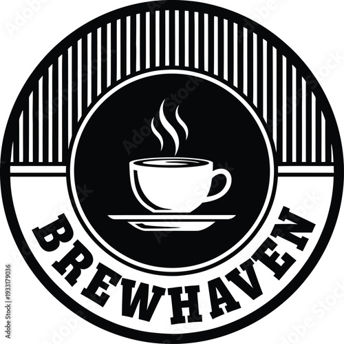 A black and white logo featuring a steaming coffee cup within a circular design with the text brewhaven.