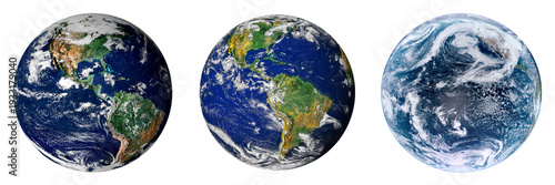 Set of three Earth globes isolated on white background. Satellite view showing North and South America and Pacific Ocean with cloud cover and atmosphere. Elements of this image furnished by NASA.