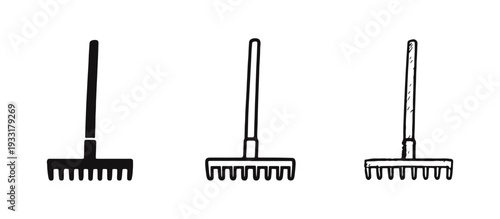 Garden Rake Icon Set. Agricultural and Landscaping Hand Tool for Yard Work.