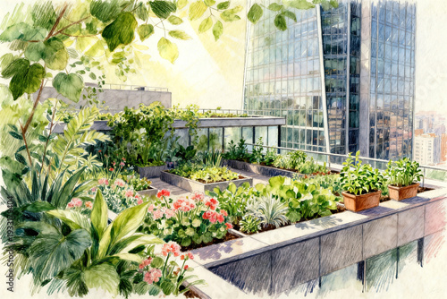 Wallpaper Mural Lush Sky Garden on Modern Building Terrace with Wooden Planters and Skyline Background Torontodigital.ca