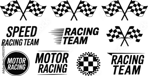racing team logo vector with checkered flags and sport typography for motorsport branding