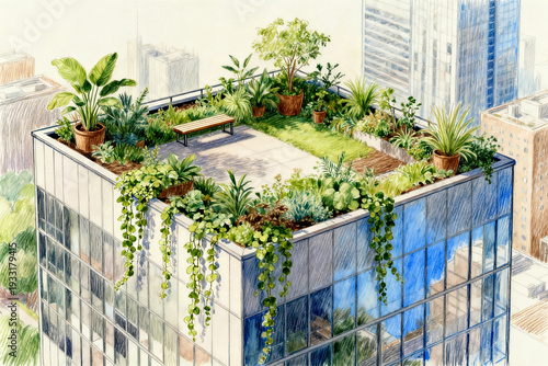 Wallpaper Mural Eco-Friendly City Living Concept Featuring Watercolor Rooftop Green Space Torontodigital.ca