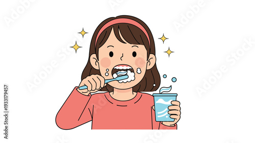 Young girl with a pink headband diligently brushing her teeth with a blue toothbrush and a cup for her morning or evening dental hygiene routine.