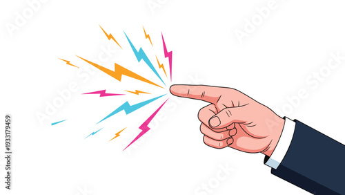 Hand pointing a finger that emits colorful lightning bolts and static electricity sparks to represent high energy, power, and innovative ideas.