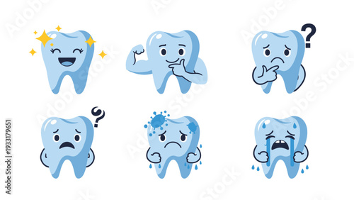 Collection of cute tooth character emojis expressing different emotions like joy, strength, sadness, and pain to teach children dental care.