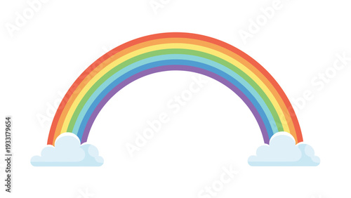 Bright colorful seven-color rainbow arching between two fluffy white clouds on a plain white background, symbolizing hope and natural beauty.