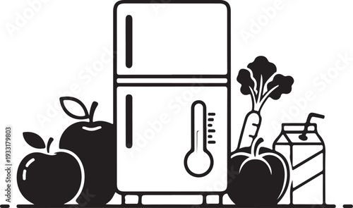 Fridge with healthy food and drink items nearby and visible on transparent background