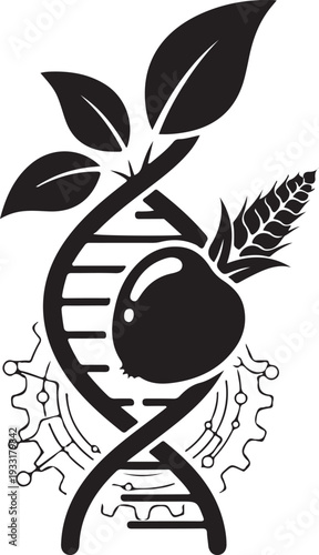 Genetic engineering concept with dna double helix and plant elements combined together