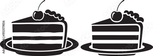 Two Black Silhouette Icons of Delicious Cake Slices Topped with a Cherry, Served on a Plate, Representing Sweet Desserts.