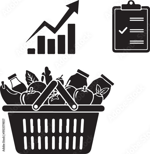 Grocery basket filled with fresh produce and drinks for sale or consumption daily