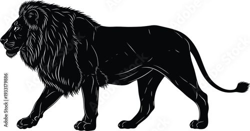 Black Silhouette of a Majestic Lion Walking on White Background big cat feline