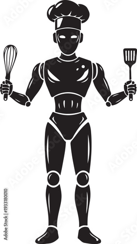 Robot chef in apron and hat holding whisk and spatula isolated on transparent background