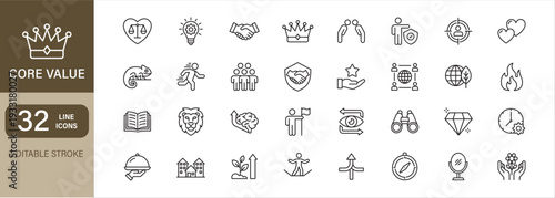 Core values icon set. Line icon editable stroke. Contains icon symbol of integrity, innovation, collaboration, excellence, respect, accountability, customer focus, empathy, agility, trust, courage.