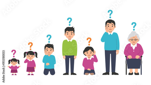 Line of diverse people from childhood to old age looking confused with question marks above their heads, representing common life challenges.