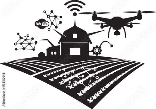 Smart farm with drone and wifi connectivity over agricultural field technology concept