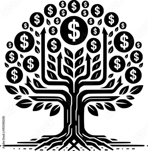 Financial Growth Tree: A symbolic depiction of financial growth, showcasing a tree with dollar signs as its leaves and upward-pointing arrows, representing wealth and prosperity.