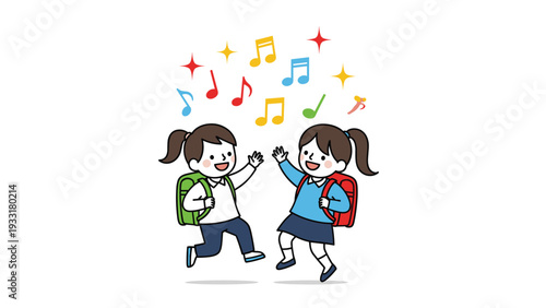 Two cheerful elementary schoolgirls with backpacks jumping and dancing with colorful musical notes in the air.