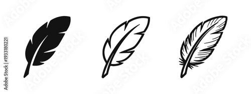 Feather Icon Set - Solid, Outline, and Hand-Drawn Styles - Quill Pen, Bird Plumage, and Nature Symbols
