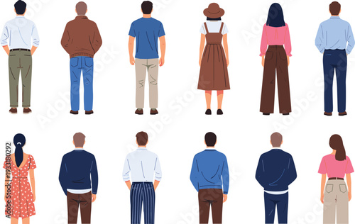 Set of diverse people standing with their backs turned away from the camera