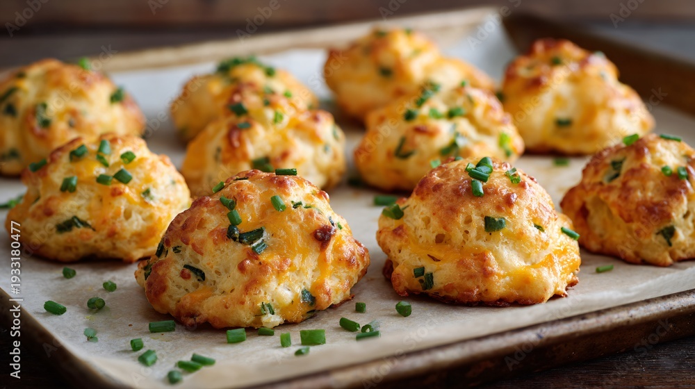 Fototapeta premium Sharp cheddar gougeres flecked with chopped fresh chives, crisp textured tops, arranged casually on baking tray with parchment paper, warm homestyle kitchen photography