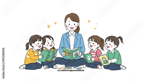 Kind female teacher sitting on the floor and reading books to a group of four attentive school children in a peaceful learning environment.