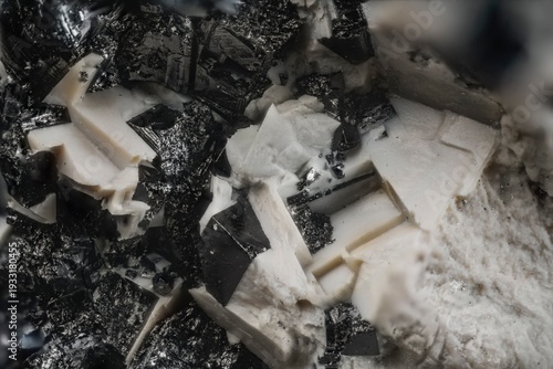 Macro image of perovskite black cubic crystal embedded in calcite white matrix from Khatanga River, Siberia, via microscope, 10x magnification, 3.6mm field of view
