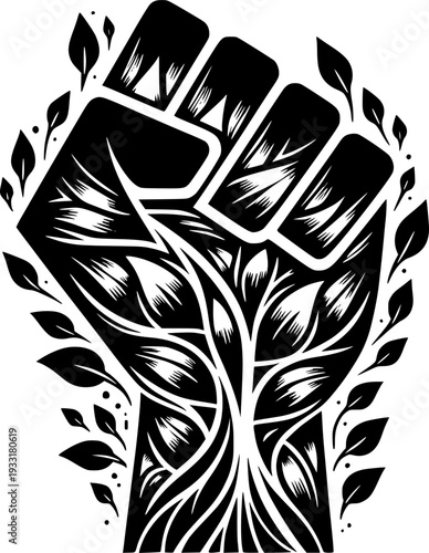 Unity in Nature: A powerful clenched fist, intertwined with flourishing leaves and branches, symbolizes the strength of nature. Embracing sustainability, this art represents environmental advocacy.