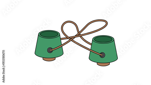 Traditional japanese stilts called takeuma made of bamboo and green cups with a rope for balancing and playing during childhood leisure time.