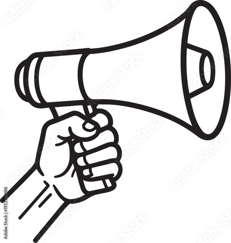 Human hand holding a megaphone outline icon representing political activist loud broadcast and campaign protestation