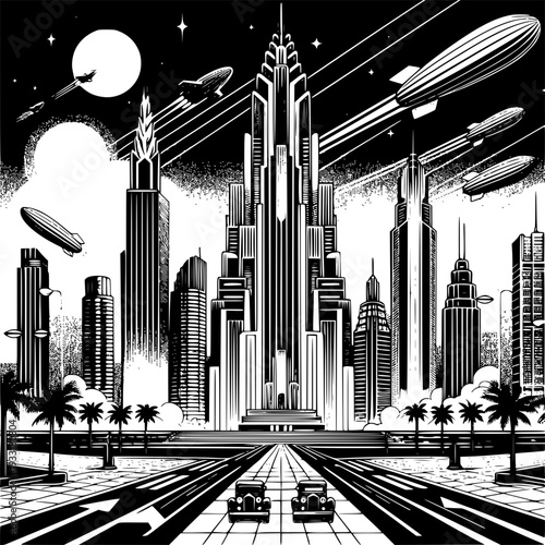 Futuristic Cityscape with Airships: A captivating artistic rendition of a futuristic cityscape, where towering skyscrapers reach towards the heavens.