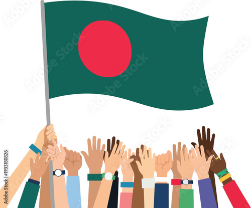 Diverse hands waving the flag of bangladesh in unity and celebration