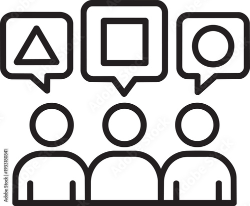 People with different geometric shape speech bubbles outline icon depicting diverse public opinion and consensus