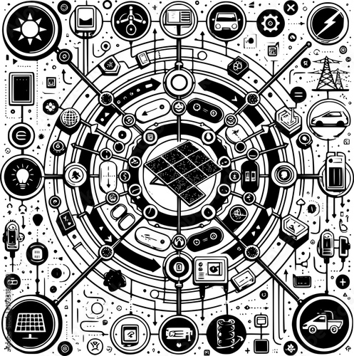 Energy Network Schematic: An intricate black and white illustration visualizes the interconnectedness of renewable energy systems, highlighting the flow of power and technological innovation.
